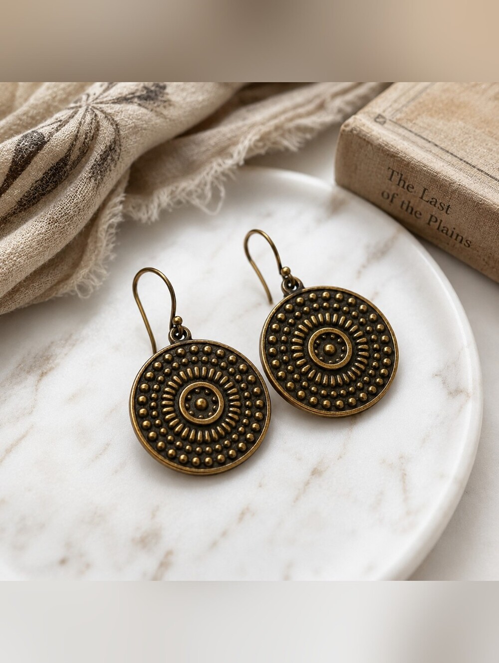 Vintage Antique Gold Medallion Disc Earrings Boho Western NWT Lightweight 1"